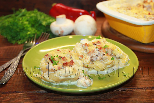 рецепт макаронных гнезд с курицей и грибами