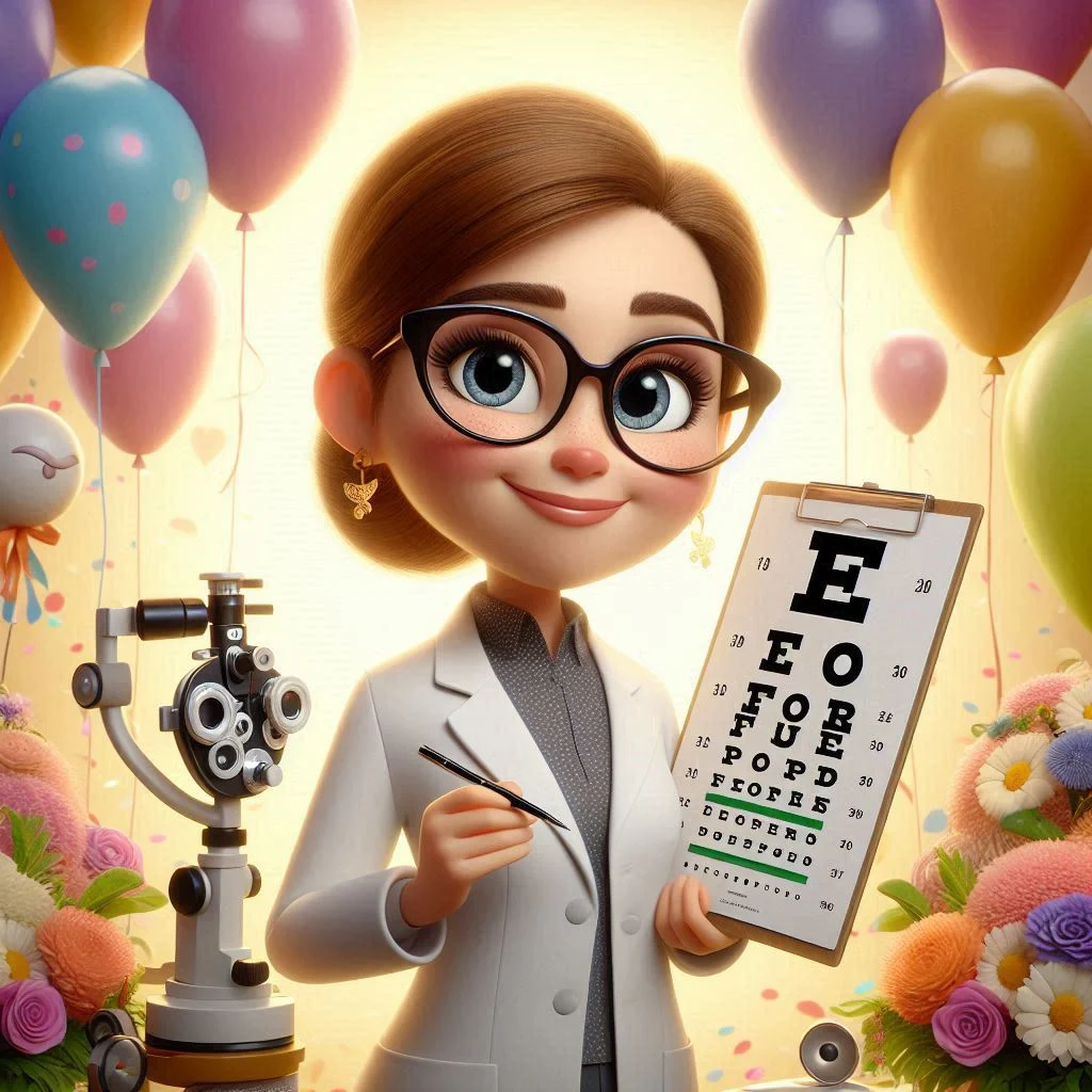 mujer optometrista en caricatura