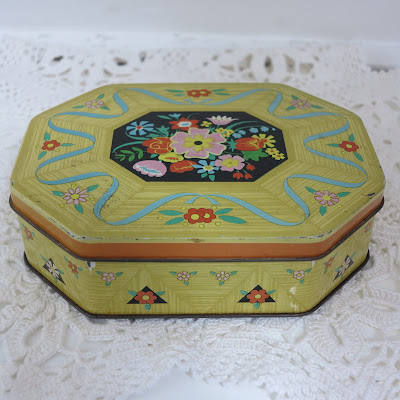 yellow tin with flowers, crochet doily, thrifted, vintage