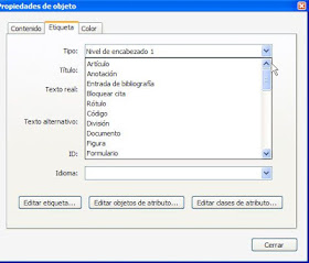 Desplegable para elegir tipo de etiqueta en Adobe Acrobat XI Pro desordenadas alfabéticamente.