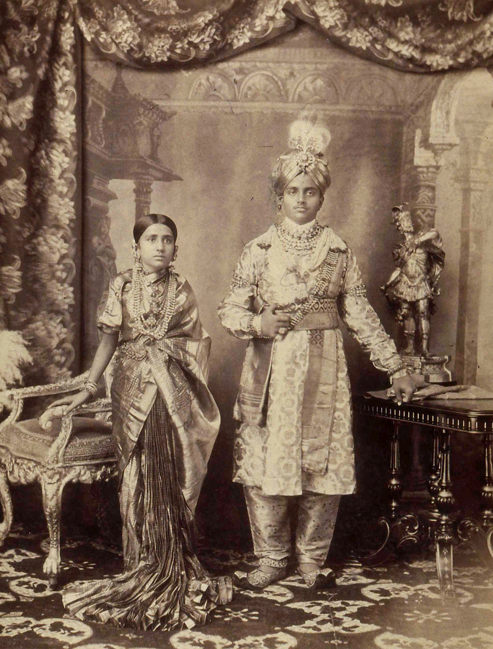 Krishnaraja Wadiyar (Wodeyar) IV [Maharaja (King) of Mysore (Mysuru)] with Wife Maharani (Queen) Pratapa Kumari Ammani of Kathiawar at Wedding (Marriage) | Rare & Old Vintage Photos (1900)