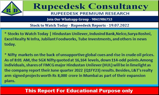 Stock to Watch Today - Rupeedesk Reports - 19.07.2022