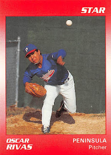 Oscar Rivas 1990 Peninsula Pilots card, Rivas pitching