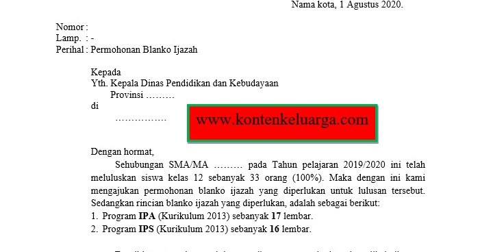 Format Surat Permohonan Blanko Ijazah (SD, SMP, SMA Sederajat)