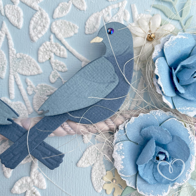 Mixed media canvas created with Sizzix Expand Paste and Sweet Birds Die with Prima Marketing paper flowers.