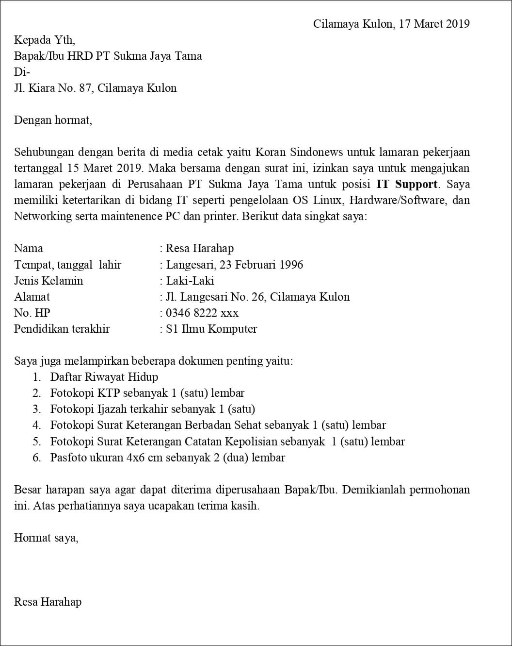 Contoh Application Letter IT Support