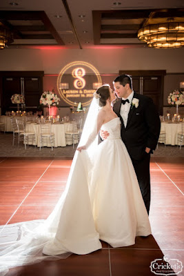 bride and groom smiling on dancefloor