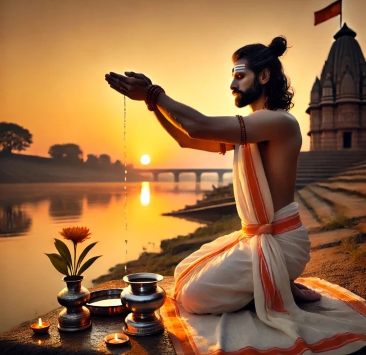 एक शाकद्वीपीय ब्राह्मण सूर्योदय के समय नदी किनारे सूर्य को अर्घ्य अर्पित करते हुए