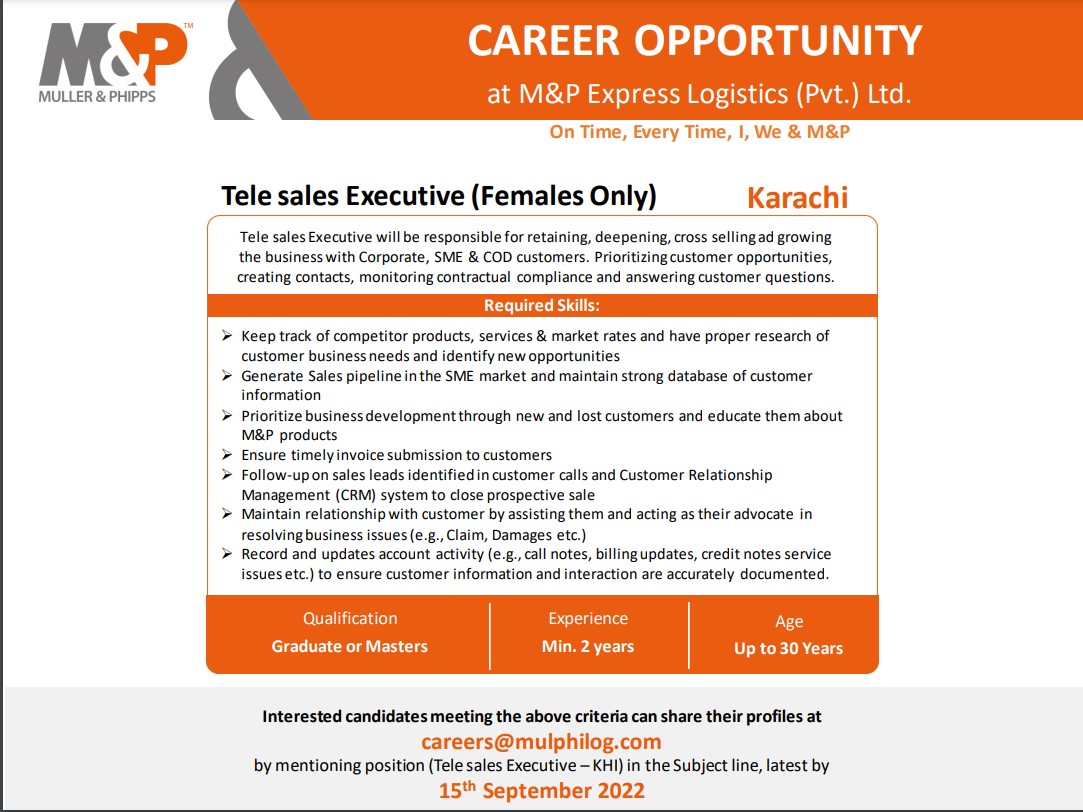 Tele Sales Executive (Female) opportunity at M&P Express Logistics