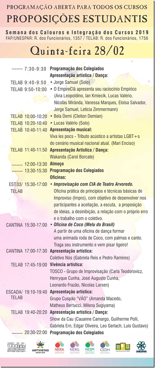 PROGRAMAÇÃO Calourada FAP 2019_5ªfeira