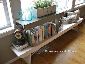 Chipping with Charm:  Getting Organized with Junk, Stacked Benches to Book Shelf...http://chippingwithcharm.blogspot.com/