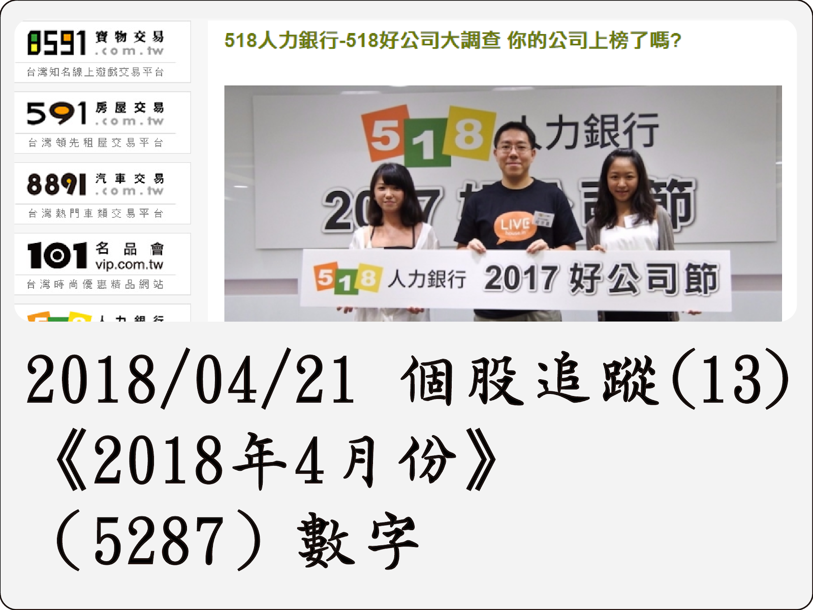 2018/04/21 個股追蹤(13)《2018年4月份》（5287）數字