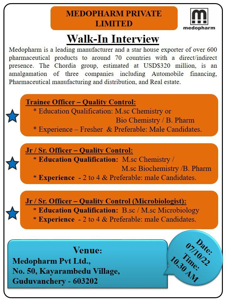 Job Availables, Medopharm Pvt Ltd Walk In Interview For Fresher & Experienced Msc/ Biochemistry/ B.Pharm/ Microbiology