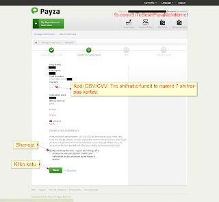 Payza - Vendos kodin CSV CVV prano rregullat e sherbimit dhe kliko Next