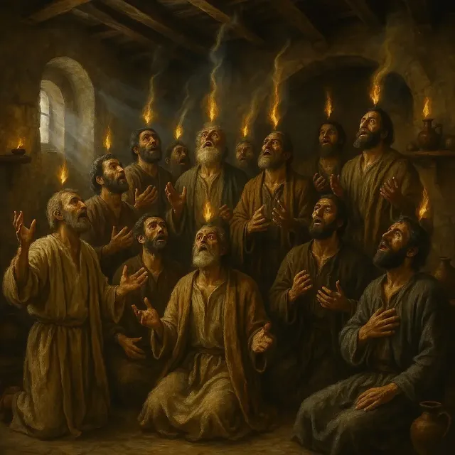 Powerful artistic rendering of the biblical Day of Pentecost, showing the Apostles receiving the Holy Spirit as 'tongues of fire' descended upon their heads in the Upper Room, as recounted in Acts 2.