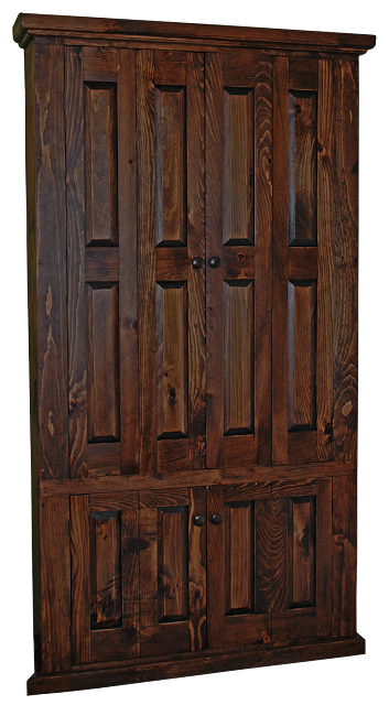 A hand-made custom designed larger corner armoire in dark-stained pine. This one was made to hold a large TV unit.