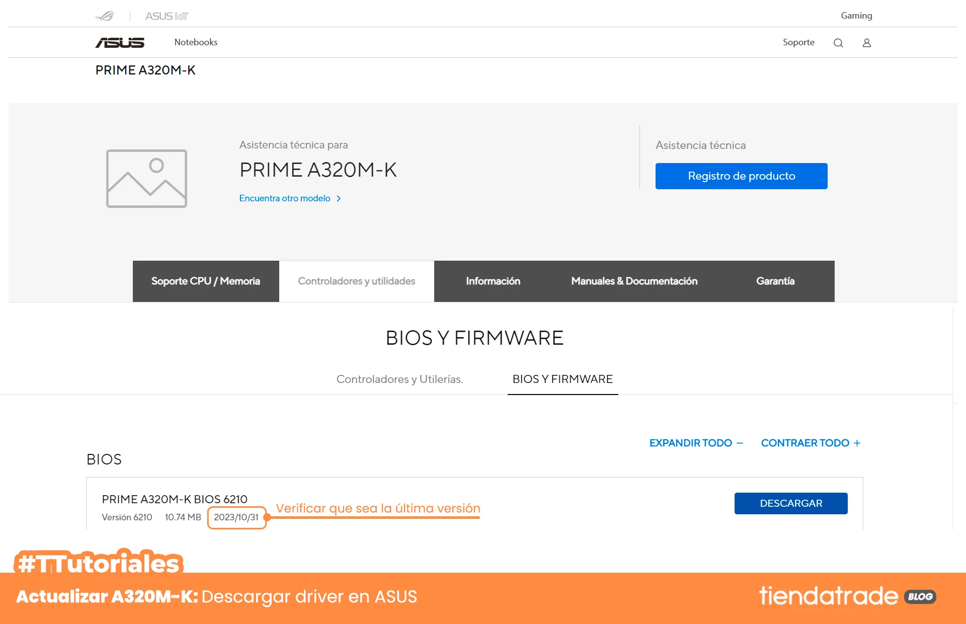 Descargar en la web de ASUS el driver oficial para la BIOS A320MK