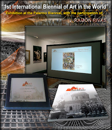 Proyección de la obra de Ramón Rivas ·Experiential" en la Galería Effetto Arte de Palermo,  junto a la Placa y Catálodo del Evento de Arte