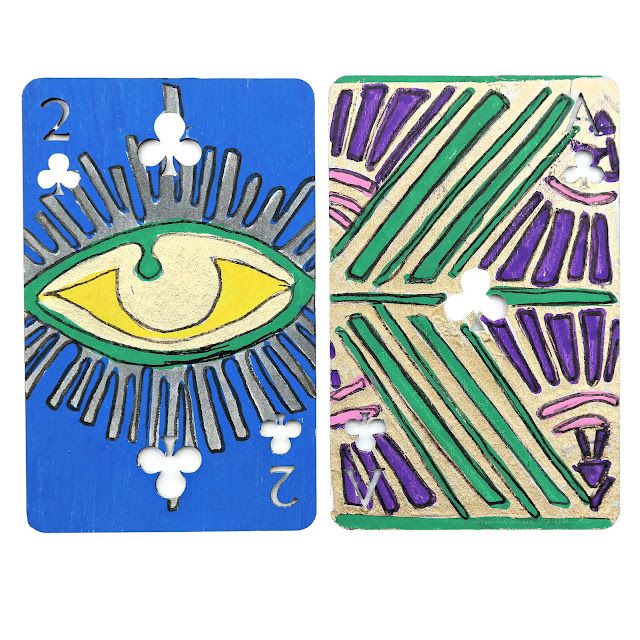 Altered Chipboard Playing Cards 2 and Ace of Clubs with Hand Colored Stenciled Art Deco and Alchemy Designs