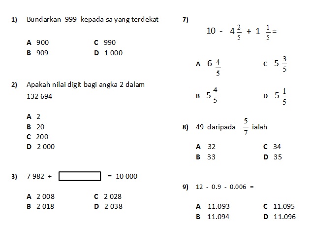 Contoh Kertas Soalan Matematik Tahun 1