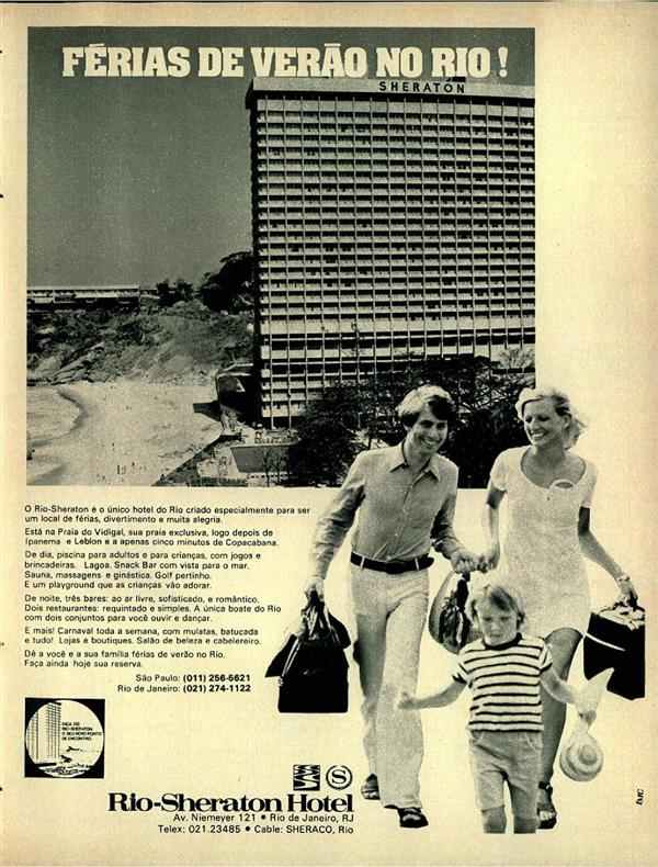 Campanha do Rio Sheraton Hotel apresentando as ofertas de hospedagem em 1976