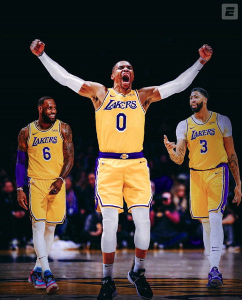 A composite image showing Russell Westbrook playing with LeBron James and Anthony Davis on the Los Angeles Lakers.