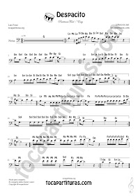 Partitura Fácil con Notas en letra de Despacito de Luis Fonsi en Clave de Fa (Trombón, Bombardino, Contrabajo, Tuba, Chelo, Fagot... (Spanish Notes Sheet Music for Treble Cle Trombone, Eupohonium, Contrabass, Cello, Bassoon...)