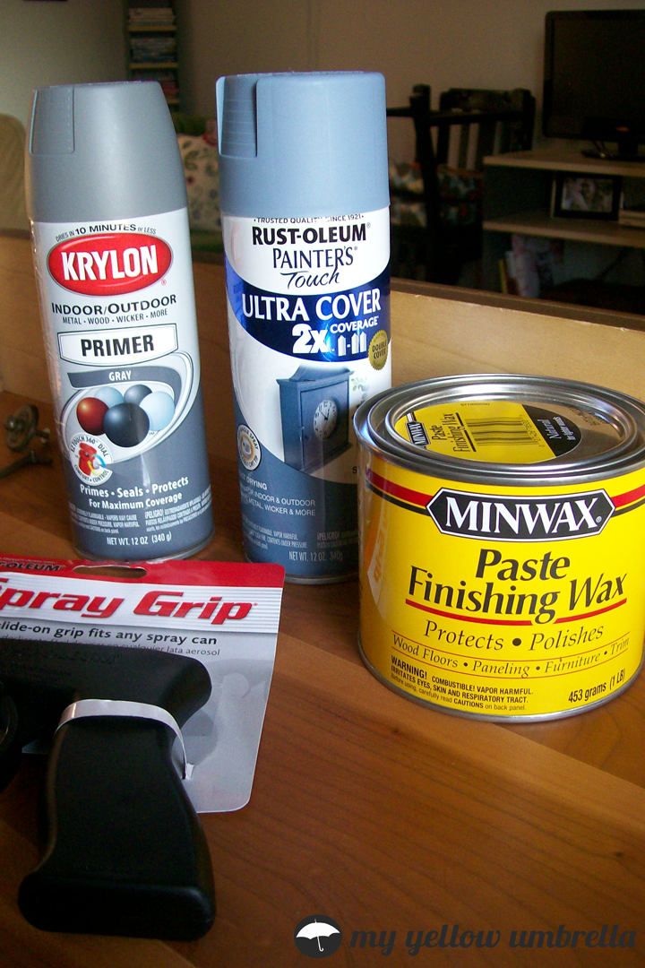 gray two cans of Rustoleum in slate blue finishing wax and one can of