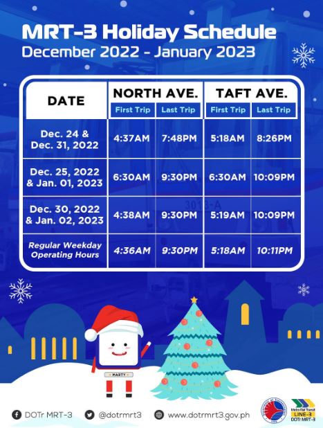MRT-3 Holiday Schedule