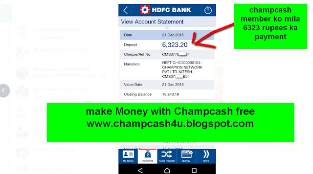 21 December 2015 ko Champcash member ko mila 6323 rupees ka payment-see screenshot