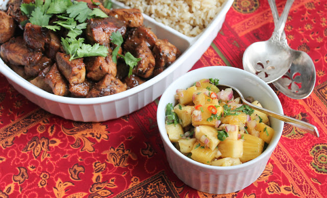 Food Lust People Love: Slightly sweet, savory and spicy, this pineapple chicken with pineapple salsa is easy to make and so flavorful! Serve it with coconut or plain rice.