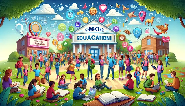 An illustration depicting the concept of character education, showing a diverse group of students of various ages and backgrounds, engaged in various