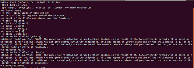 spacy similarity calculation code snippet docs, spans and tokens, doc.similarity(doc2), doc.similarity(span2), warning: the real vectors are not attached.