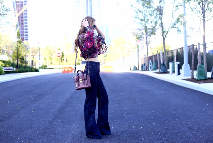 NastyGal embroidered top with flare sleeve, 7fam flare jeans, 31phillip lim mini pashli bag, baublebar earrings, wear panda sunglasses, street style, new york city, fashion blog, nyc fashion blog, new york fashion week, trends, 70s inspired outfit, retro style