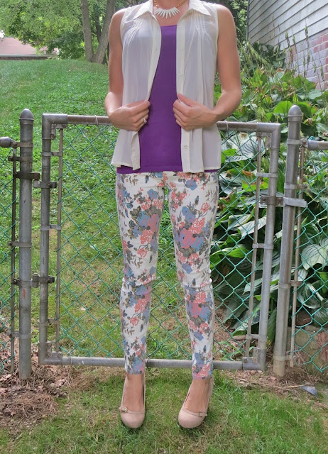 Floral pants Purple top outfit