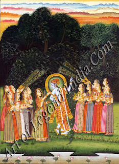 Radha offering betel (pan) to Krishna in a grove