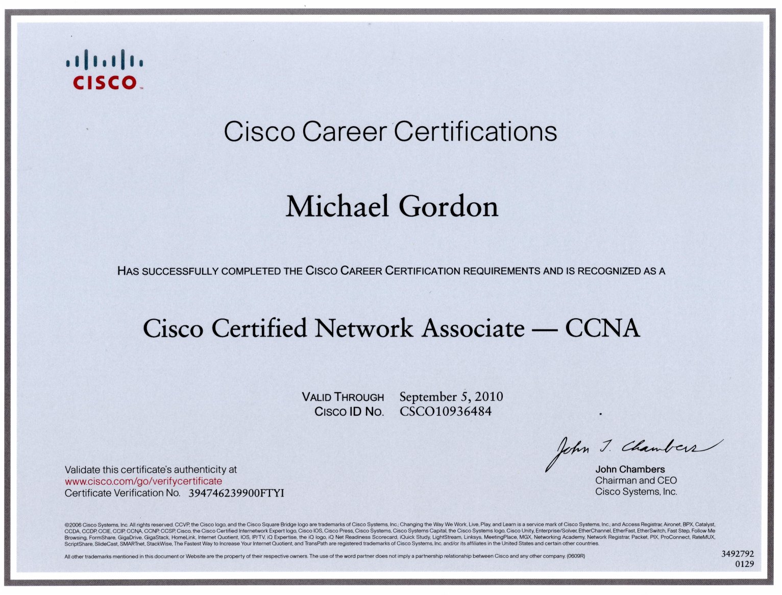 Cisco CCNA Certification Certificate