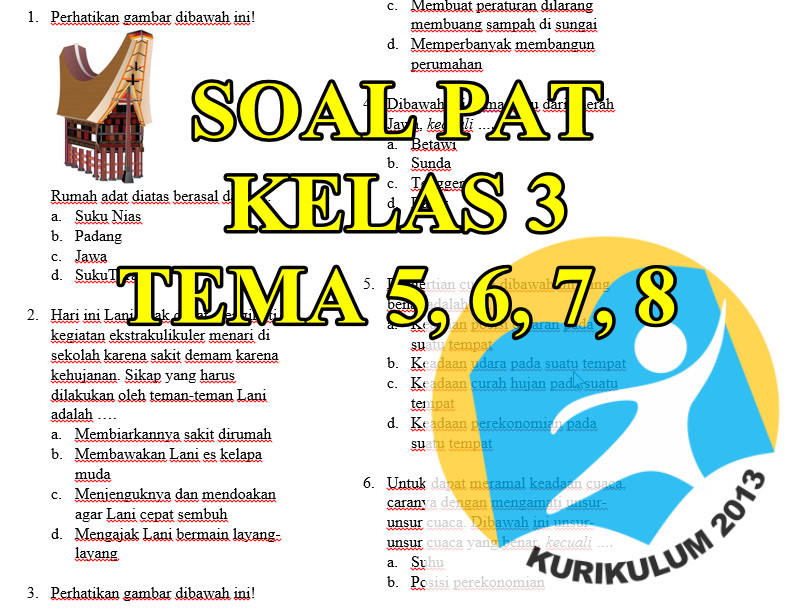  Soal  PAT Kelas  3 Kurikulum 2020 Tema 5 6  7 8 Tahun 2020  