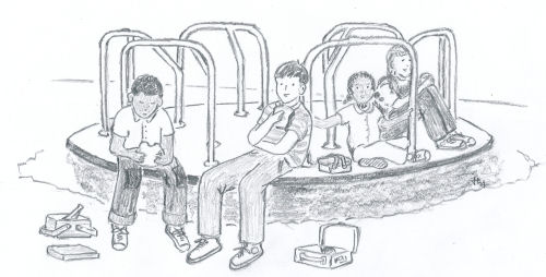 drawing of children sitting on a playground merry-go-round for the children's book The ABZ Affair