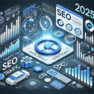 A visually engaging graphic representing data-driven SEO strategies for 2025. The image includes a dashboard with analytics charts, performance metrics, and interconnected digital tools to highlight the importance of data in SEO.