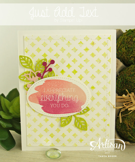 Apply color to texture paste by spritzing with a dilution of reinker and water. Spritz right after applying the texture paste, adn before removing the stencil.- Tanya Boser. Stampin' Up! Just Add Text stamp set, Party Patterns masks