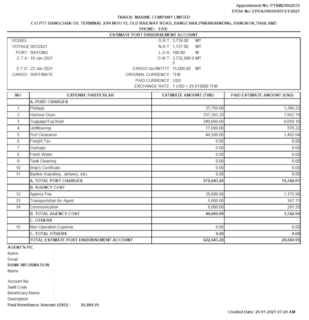 Contoh EPDA (Estimate Port Disbursement Account)