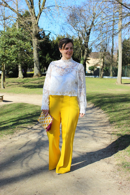 pantalon jaune zara, blouse zara, les petites bulles de ma vie