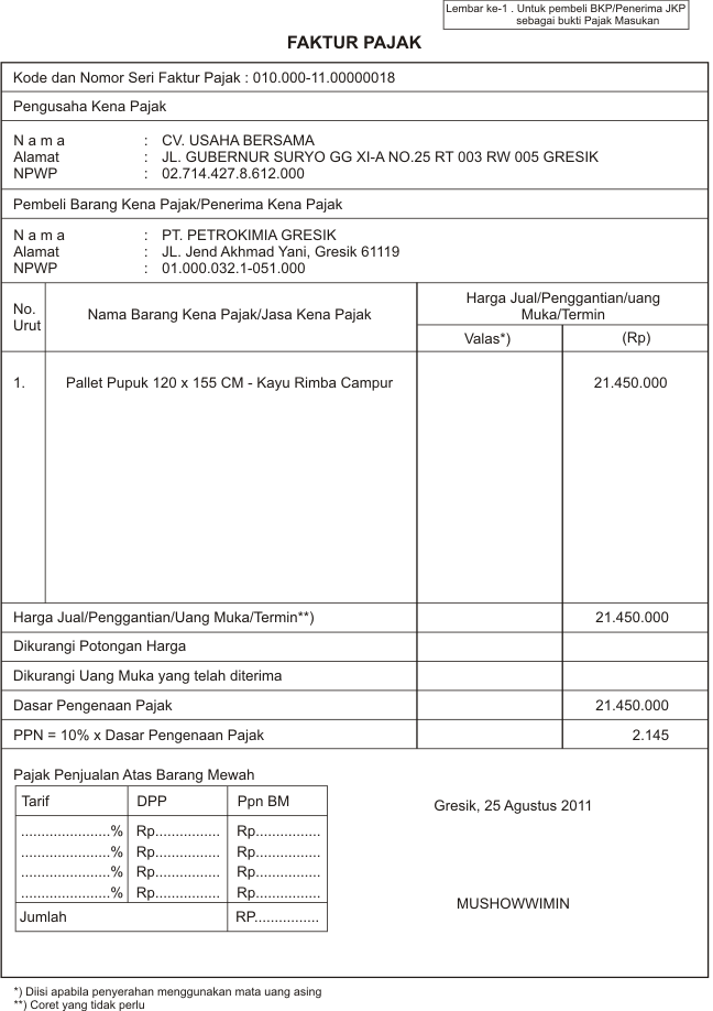 Draft Pembuatan Faktur Pajak (Tax Invoice) - Excel 