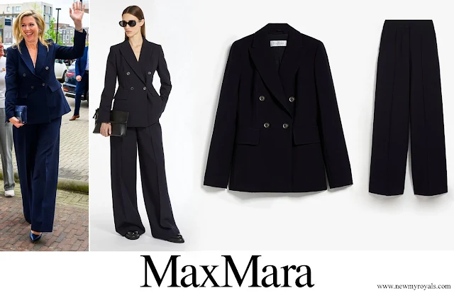 Queen Maxima wore MAX MARA Albero wool blend double-breasted blazer and wool blend Seersucker trousers in ultramarine