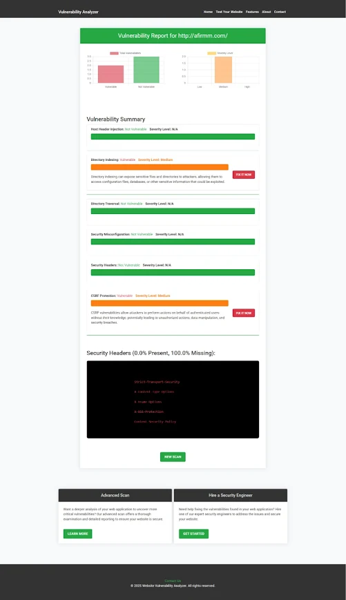 An Example of a vulnerability assessment report generated with our free tool, providing insights into possible vulnerabilities.