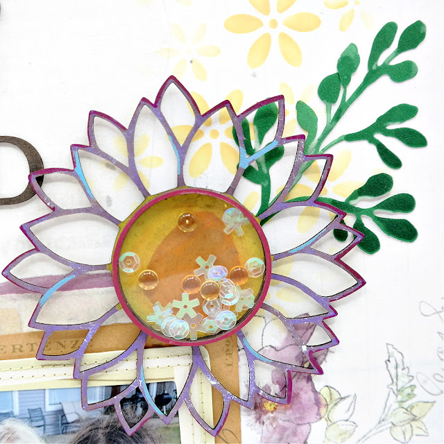 Chipboard Sunflower Shaker Filled with Sequins and Gems on a Scrapbook Layout