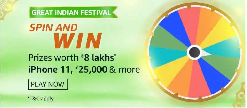 What is the capital of Uttar-Pradesh? Amazon GREAT INDIAN FESTIVAL spin and win Question and answer correctly to claim prizes worth '8 lakhs' iPhone 11, Rs.25,000 & more.