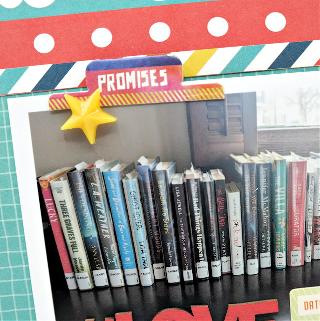 Promises tab and yellow acrylic star photograph embellishments on a book lovers scrapbook layout.