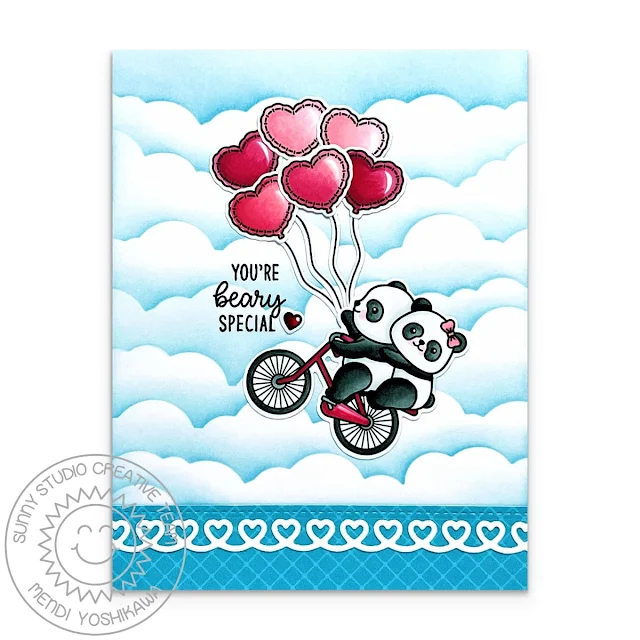 Sunny Studio Pandas Riding Bicycle & Heart Balloons Card using Bighearted Bears Stamps, Fluffy Cloud & Heartstring Border Die